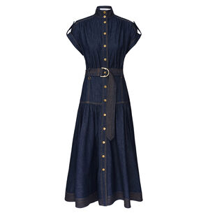 Short Sleeve Belted Denim Midi Dress