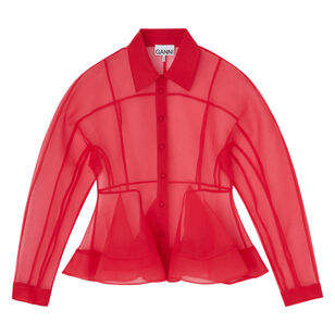 Long Sleeve Textured Organza Peplum Shirt