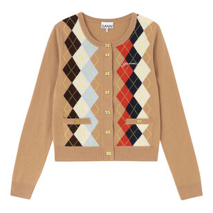 Long Sleeve Cashmere-Wool Mix Argyle Cardigan