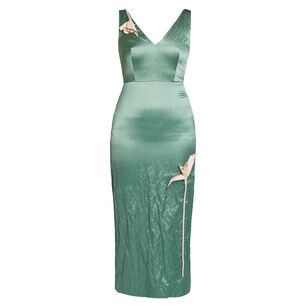 Embroidered Textured Satin Sleeveless Midi Dress
