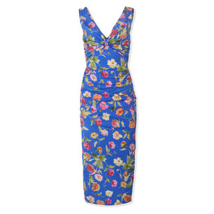 Sleeveless Poppy-Print Gathered V-Neck Midi Dress